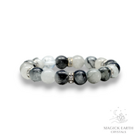 Tourmilated Quartz Crystal Bracelet With 10mm Beads For Amplified Protection Platinum Finish
