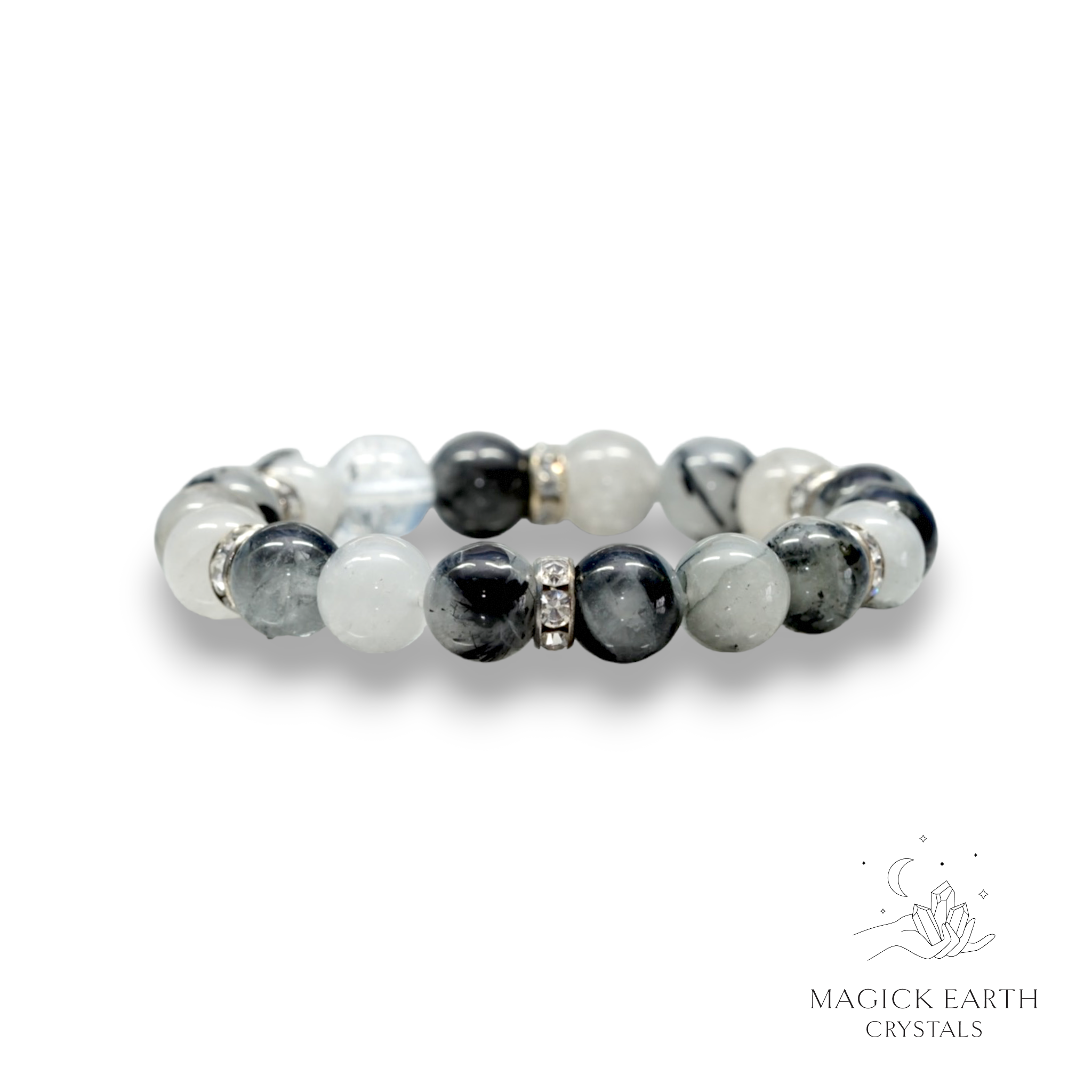 Tourmilated Quartz Crystal Bracelet With 10mm Beads For Amplified Protection Platinum Finish