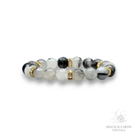Tourmilated Quartz Crystal Bracelet With 10mm Beads For Amplified Protection Gold Finish