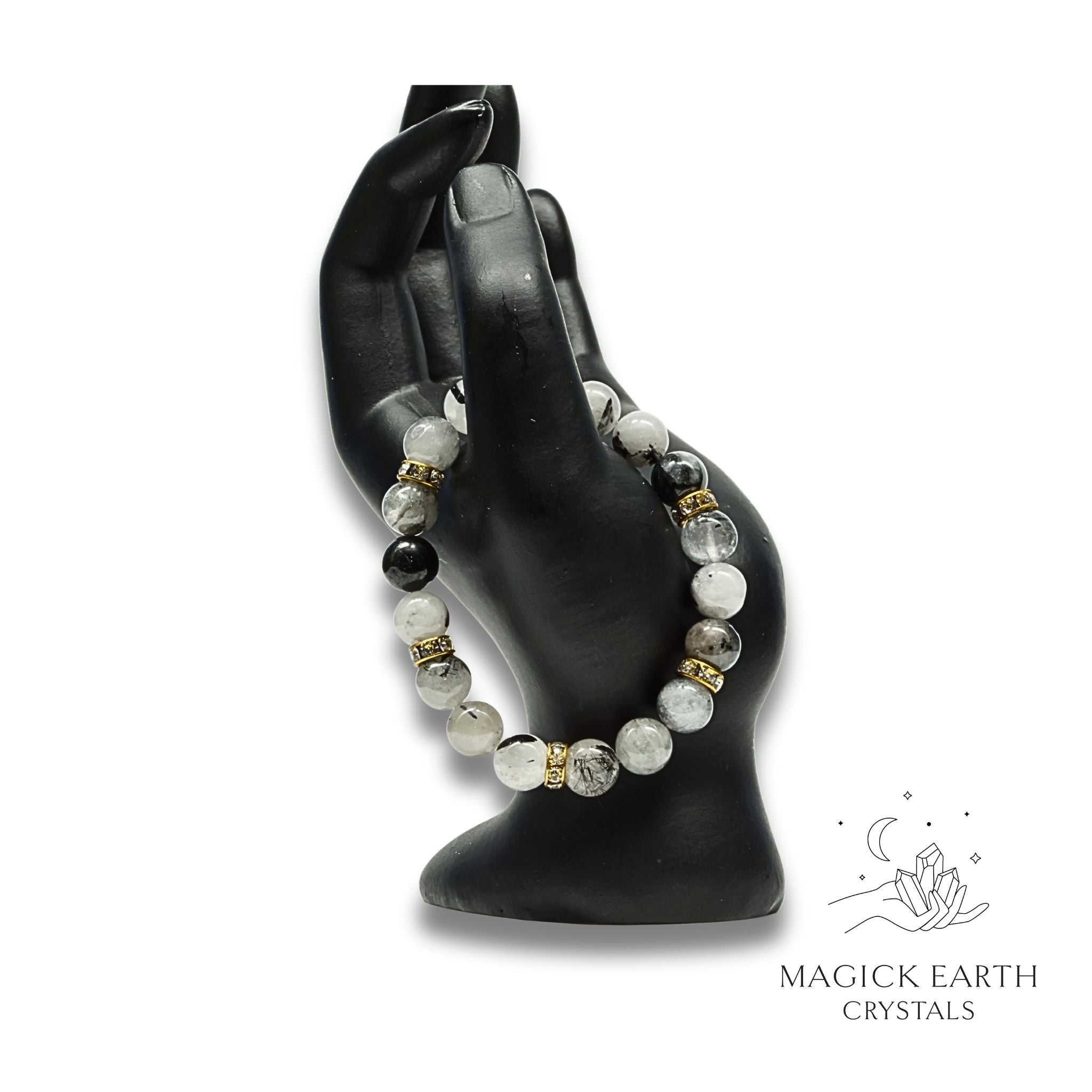 Tourmilated Quartz Crystal Bracelet with 10mm round beads, stretch finish for amplified protection