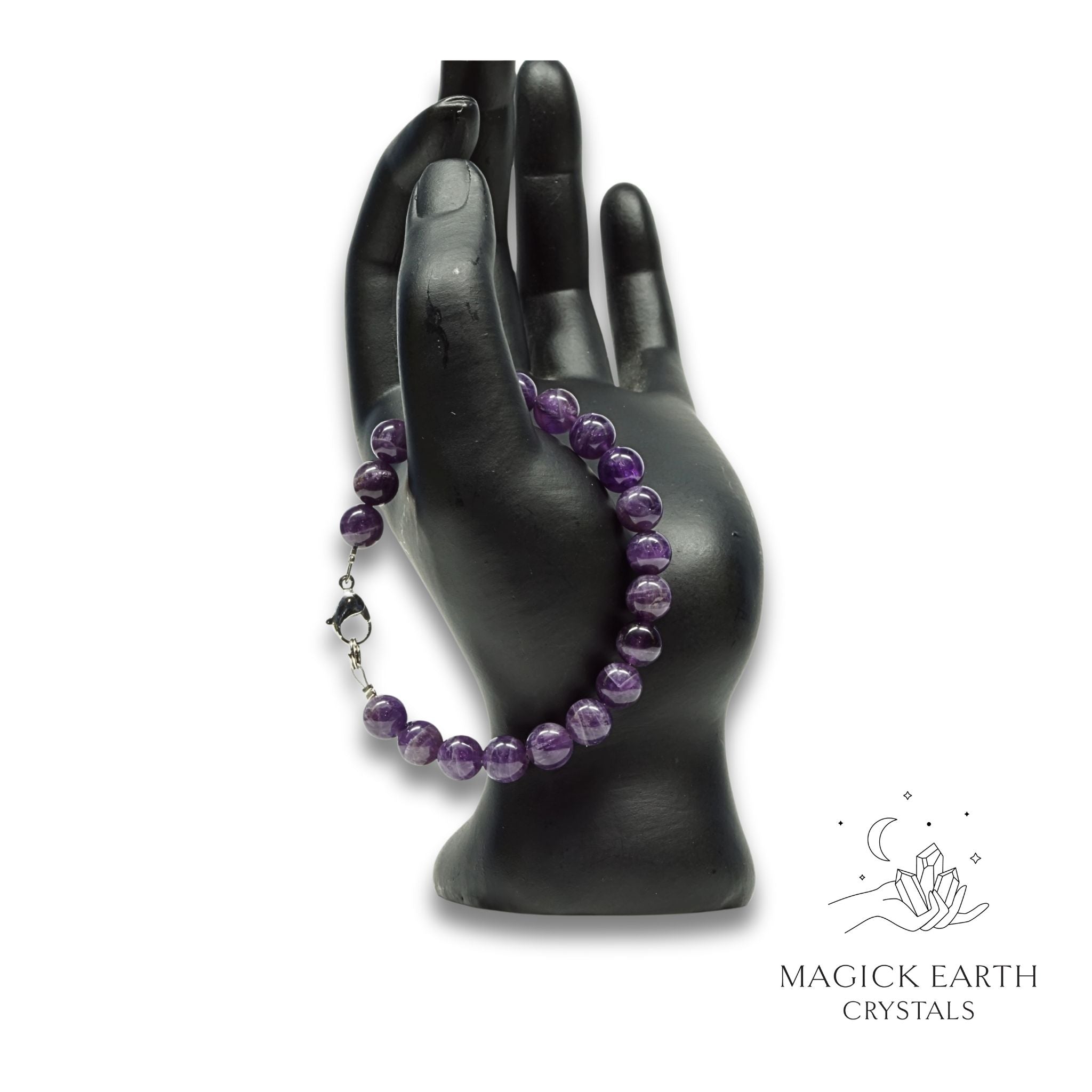 Amethyst Crystal Bracelet with 8mm round beads platinum clasp for sacred stillness