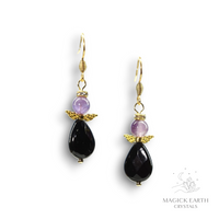 Amethyst & Onyx Guardian Angel Earrings Gold Finish For Stress Relief & Sleep