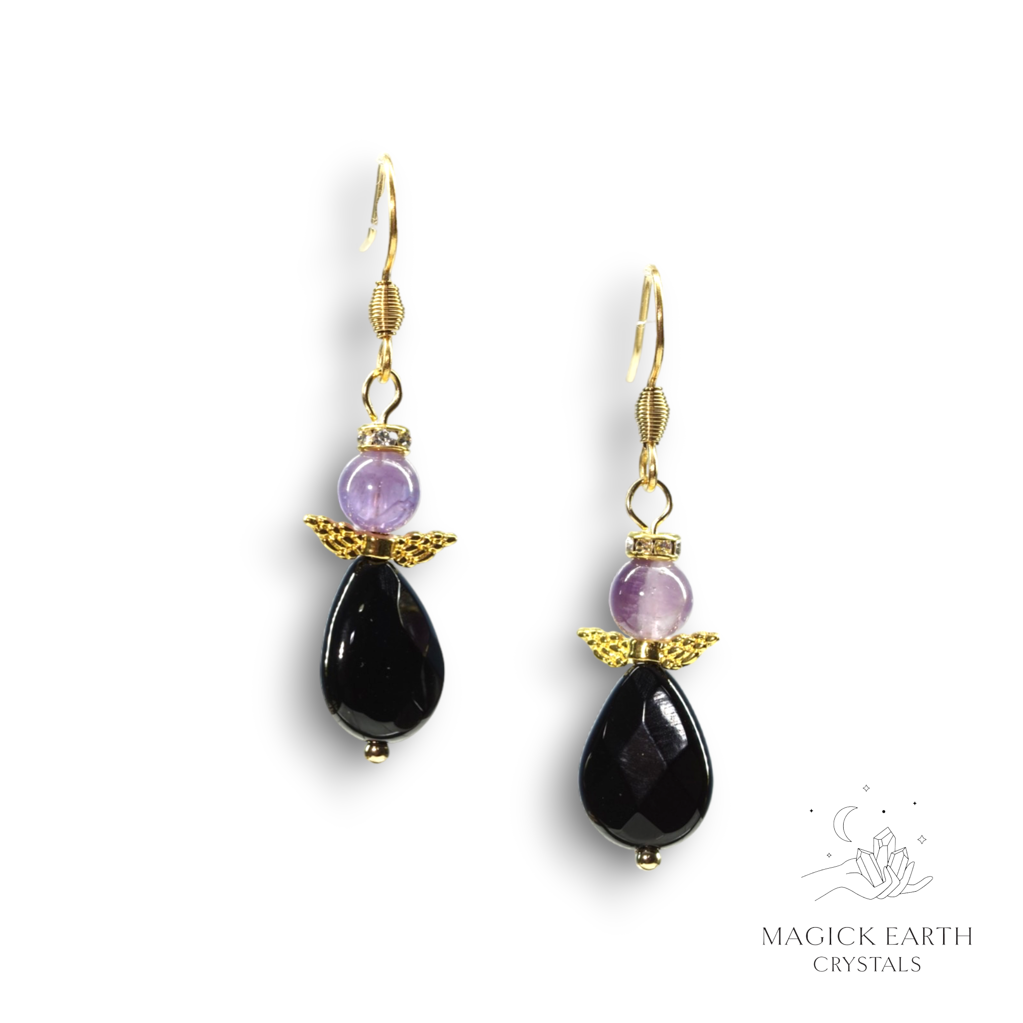 Amethyst & Onyx Guardian Angel Earrings Gold Finish For Stress Relief & Sleep