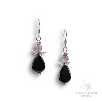Amethyst & Onyx Guardian Angel Earrings Platinum Finish For Stress Relief & Sleep