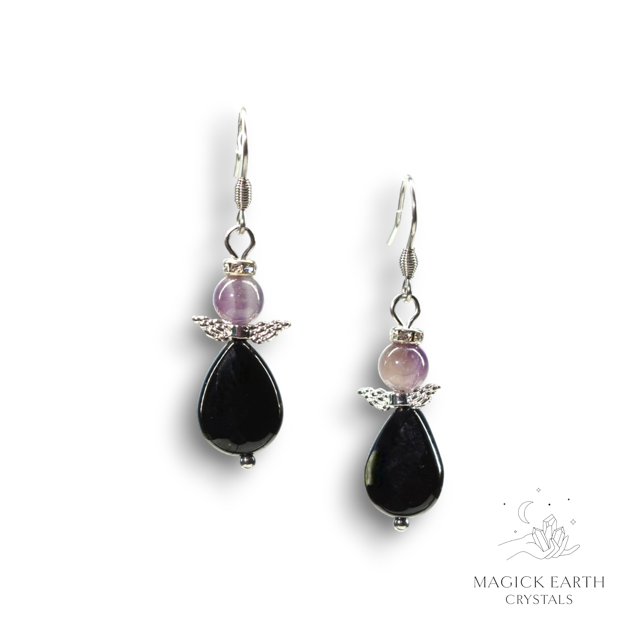 Amethyst & Onyx Guardian Angel Earrings Platinum Finish For Stress Relief & Sleep