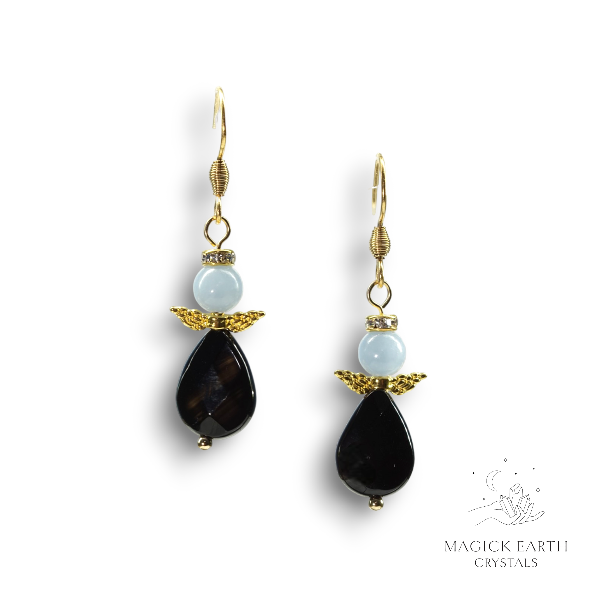 Angelite & Onyx  Guardian Angel Earrings For Peace & Connection Gold Finish