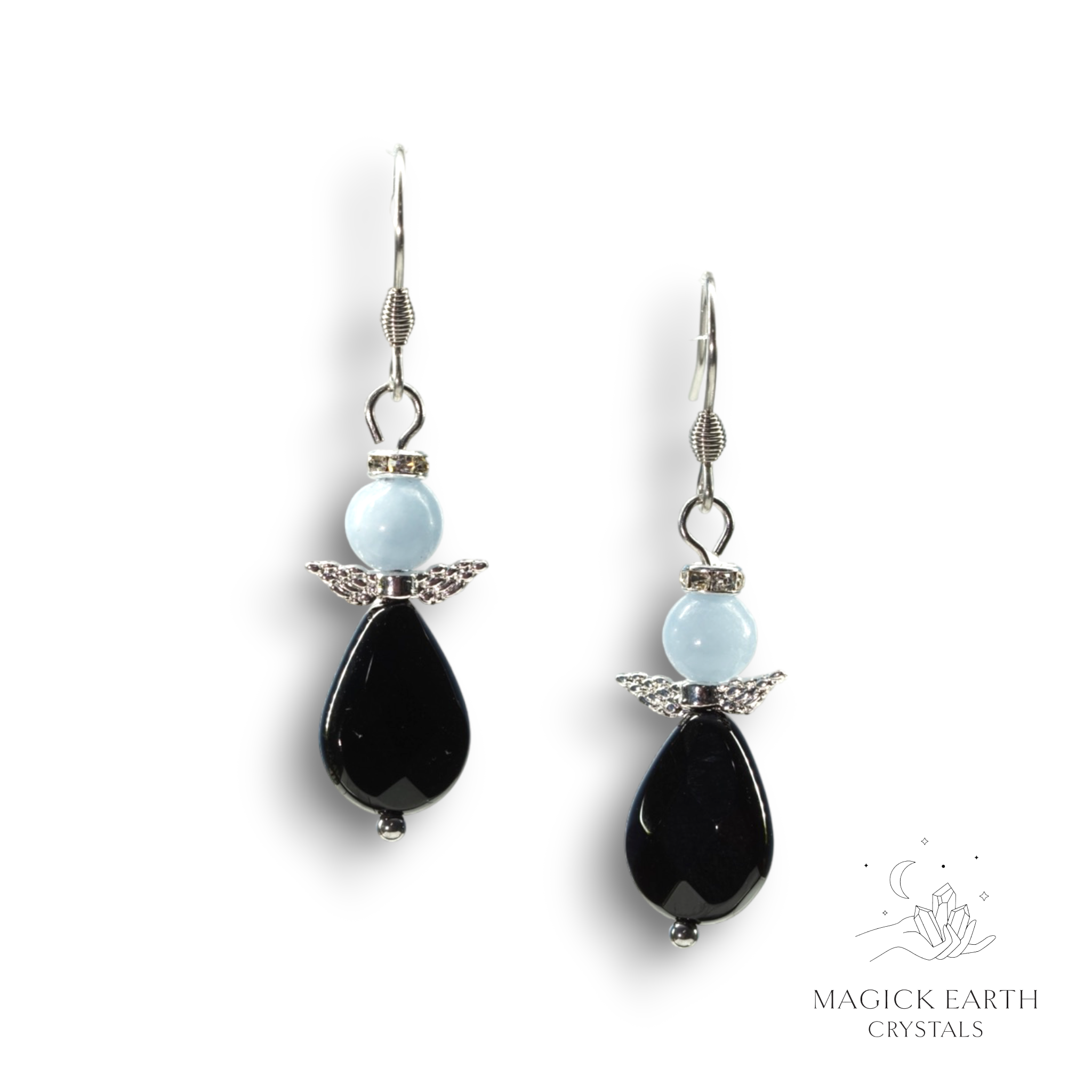 Angelite & Onyx  Guardian Angel Earrings For Peace & Connection Platinum Finish