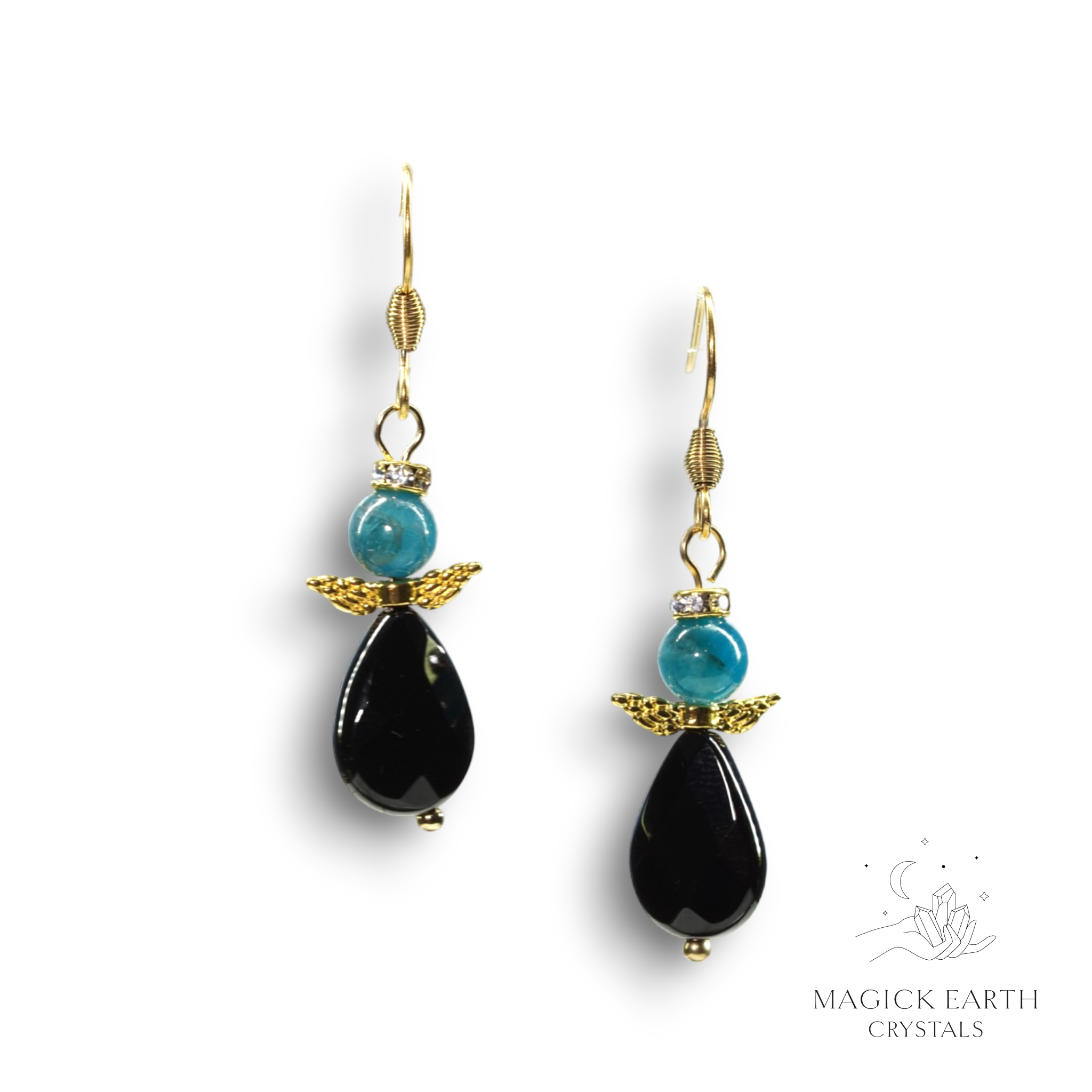 Apatite & Onyx Guardian Angel Earrings Gold Finish For Motivation & Creativity