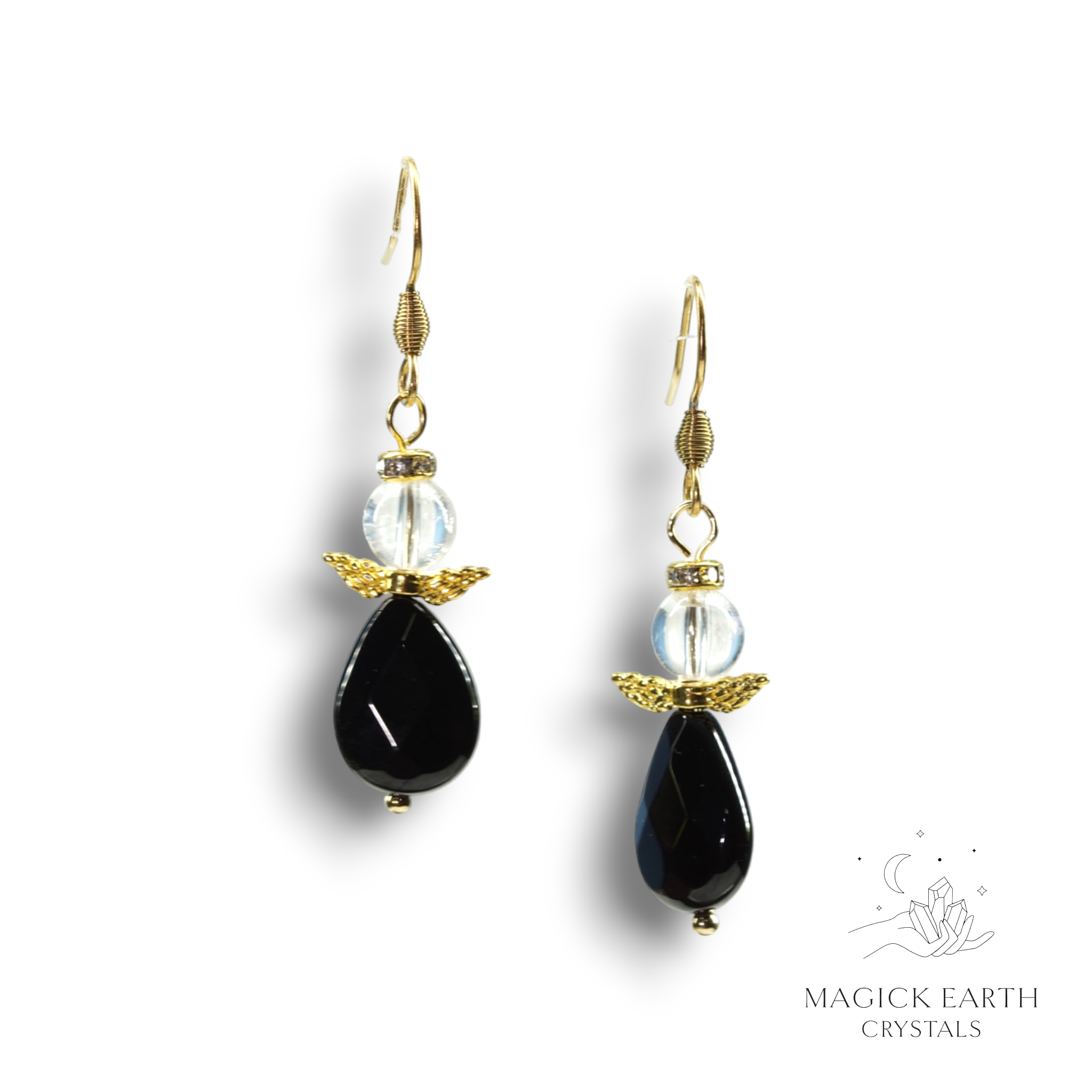 Clear Quartz & Onyx  Guardian Angel Earrings For Amplified Insight