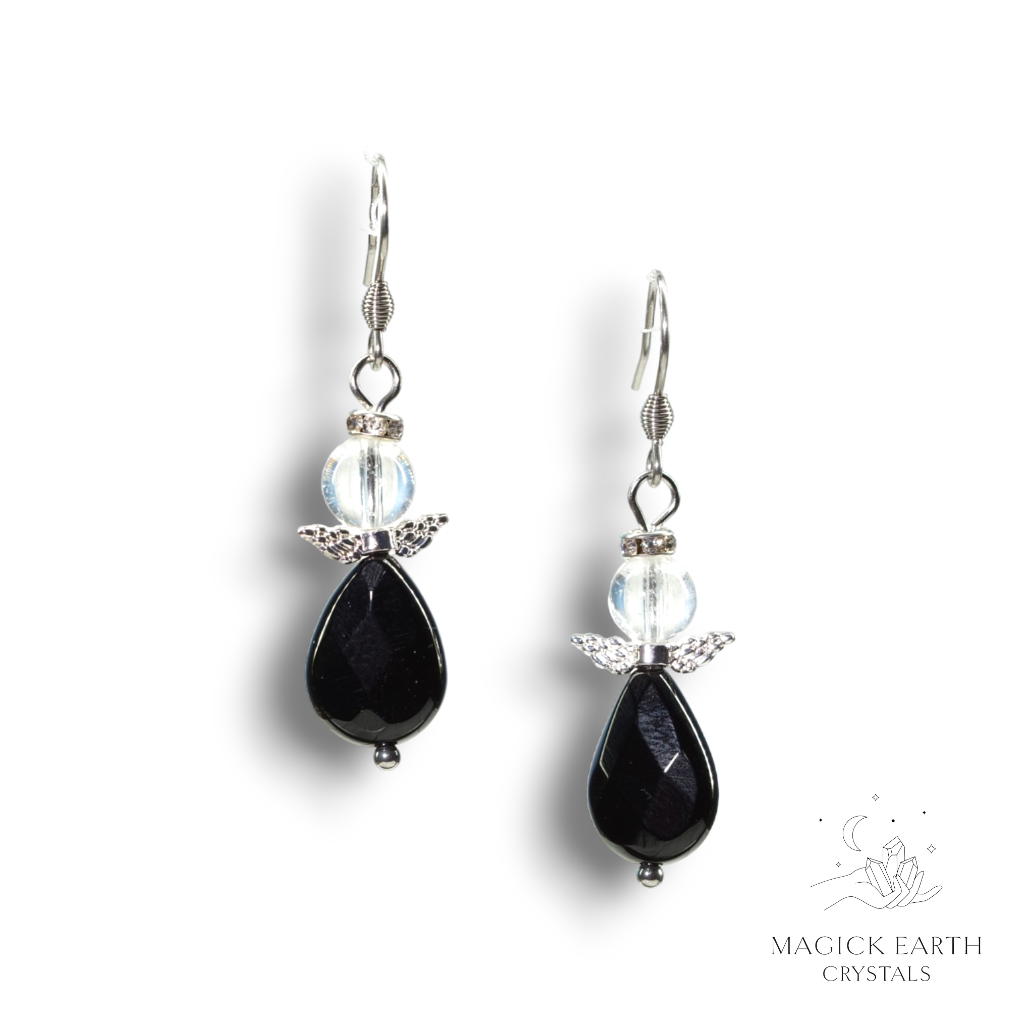 Clear Quartz & Onyx  Guardian Angel Earrings For Amplified Insight