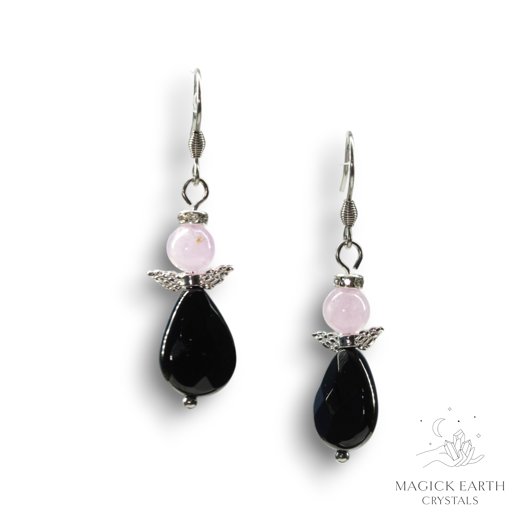 Rose Quartz & Onyx Guardian Angel Earrings For Amplified Love