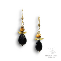 Tiger Eye & Onyx Guardian Angel Earrings  For Confident Courage