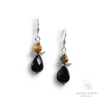 Tiger Eye & Onyx Guardian Angel Earrings  For Confident Courage