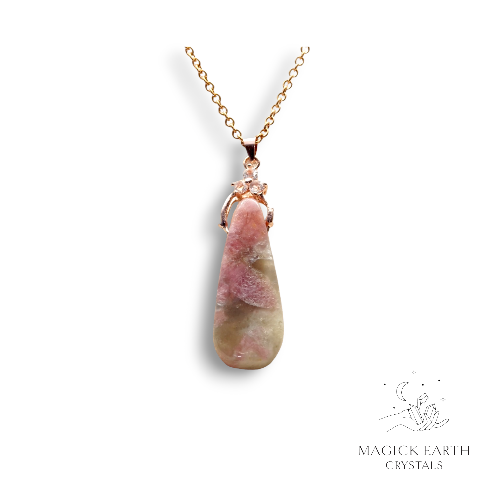 Tourmaline Crystal Gemstone Teardrop Pendant with Cubic Zirconia and Rose Gold Finish