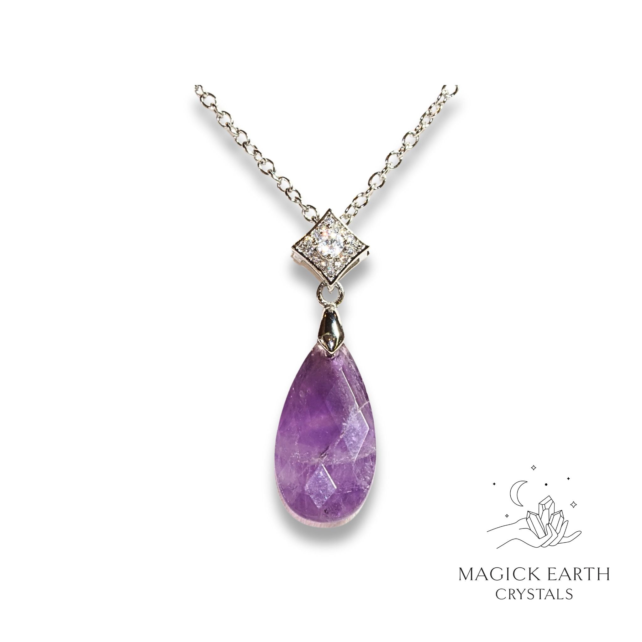 Amethyst  Faceted Teardrop Pendant   Platinum Finish For Stress Relief & Sleep
