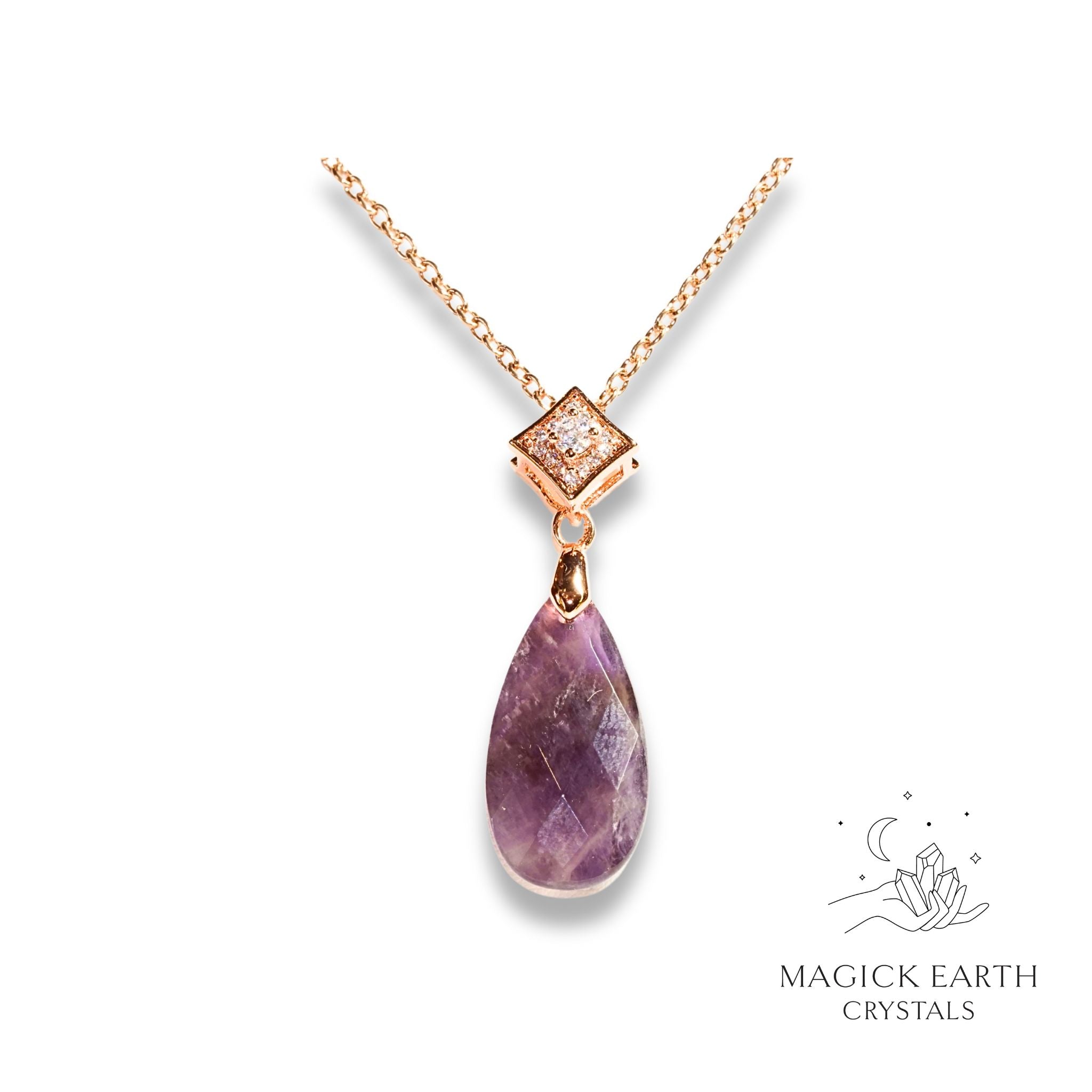 Amethyst  Faceted Teardrop Pendant  Rose Gold Finish For Stress Relief & Sleep