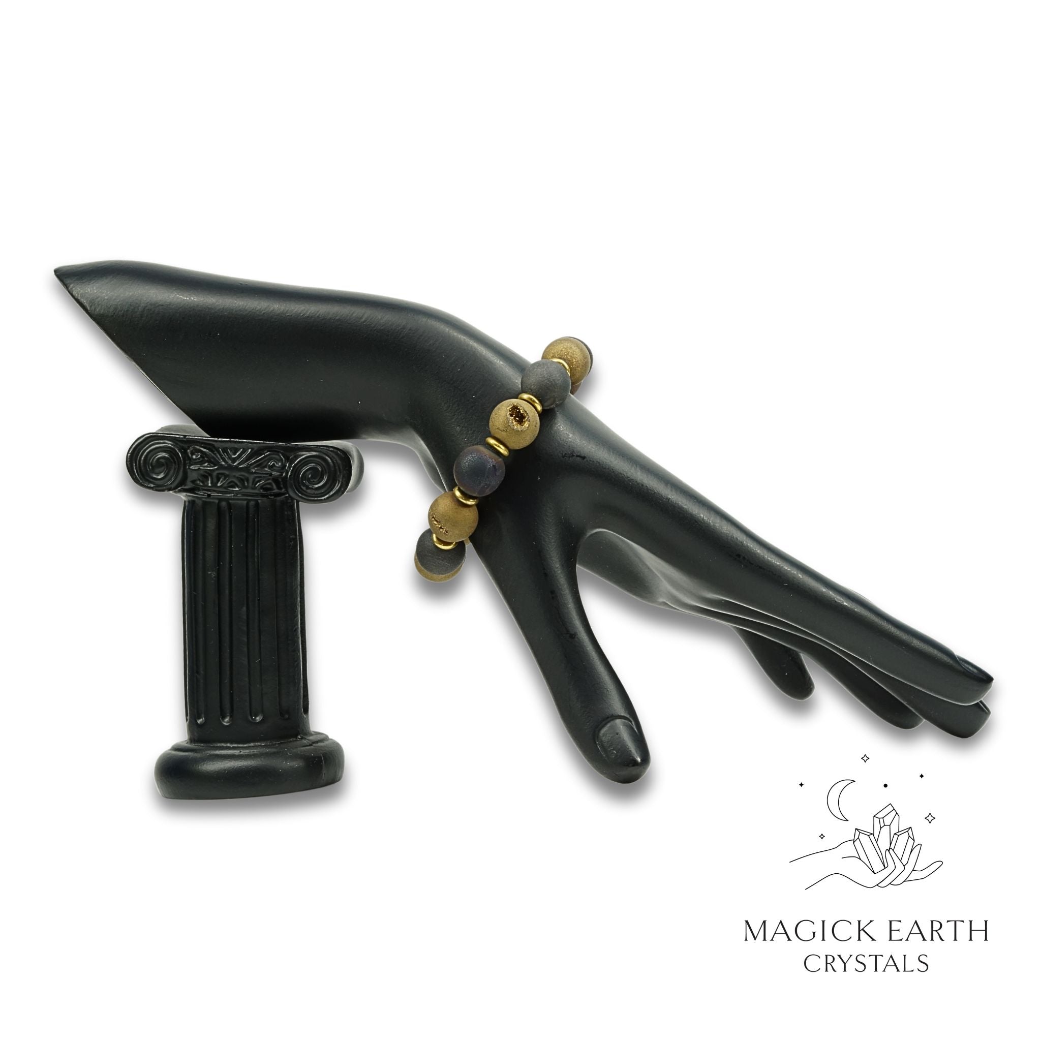 Electroplated Druzy Crystal Bracelet in charcoal & gold stretch for steady strength