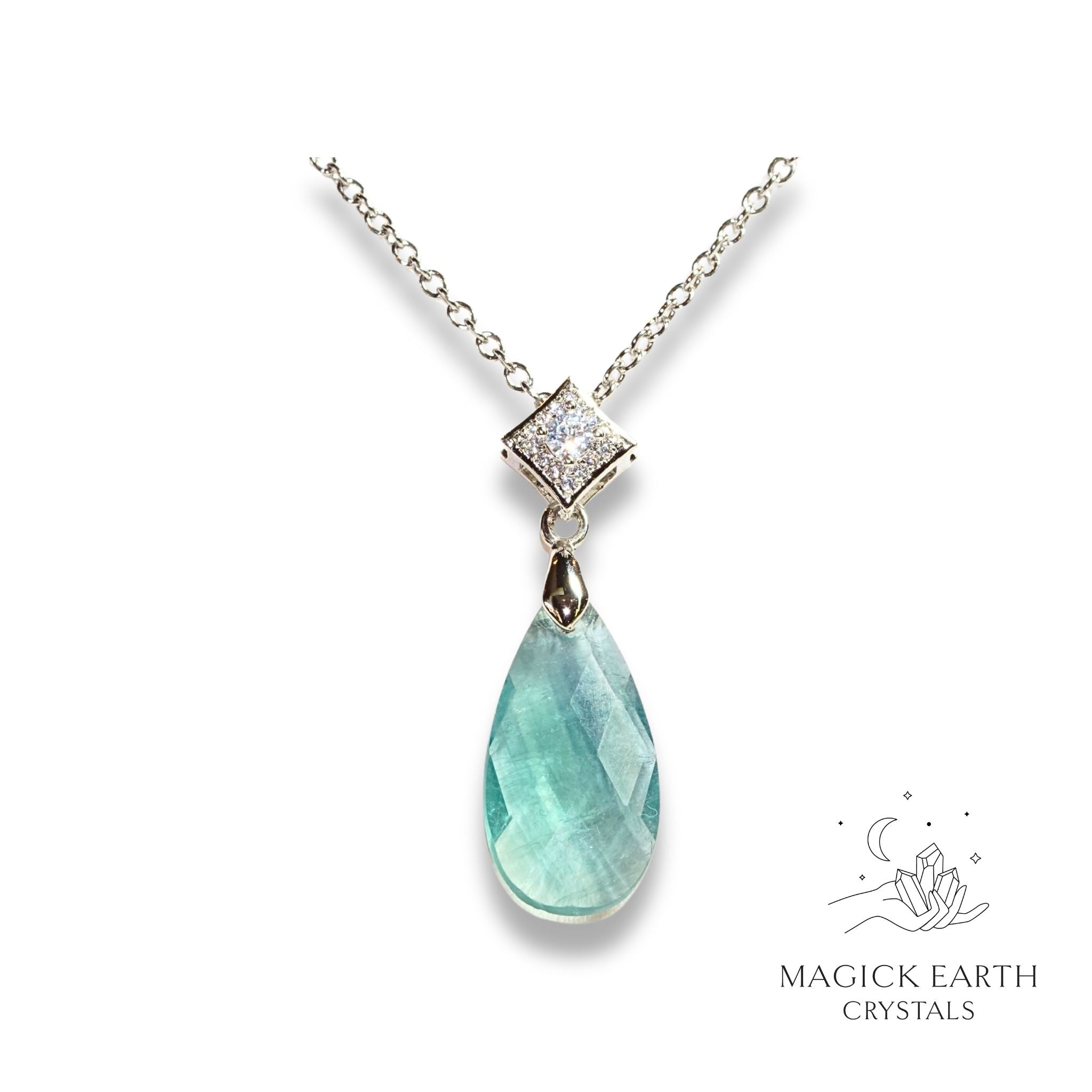 Green Fluorite  Faceted Teardrop Pendant   with Platinum Finish For Laser Focus