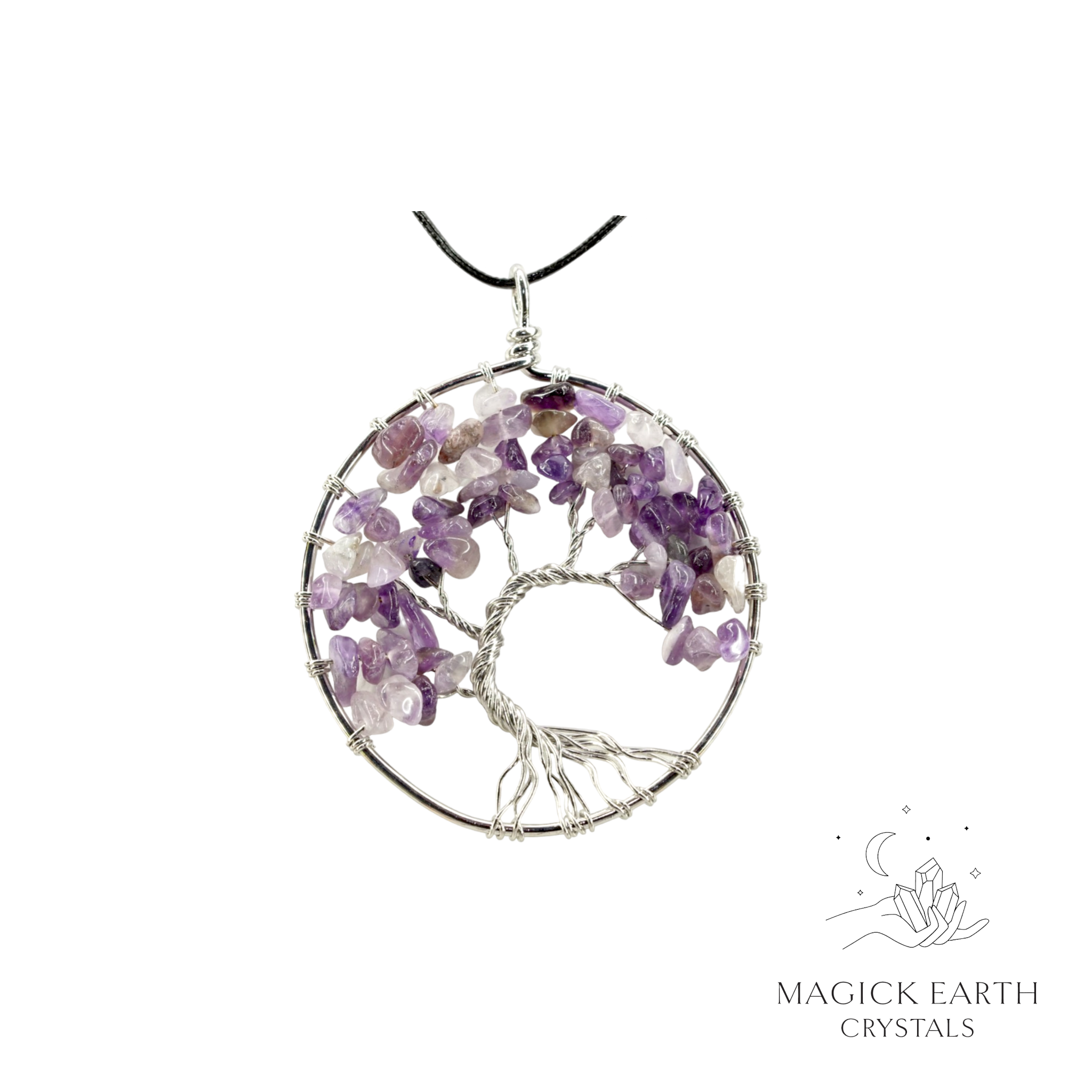 Amethyst crystal chip tree of life pendant with platinum finish For Stress Relief & Sleep