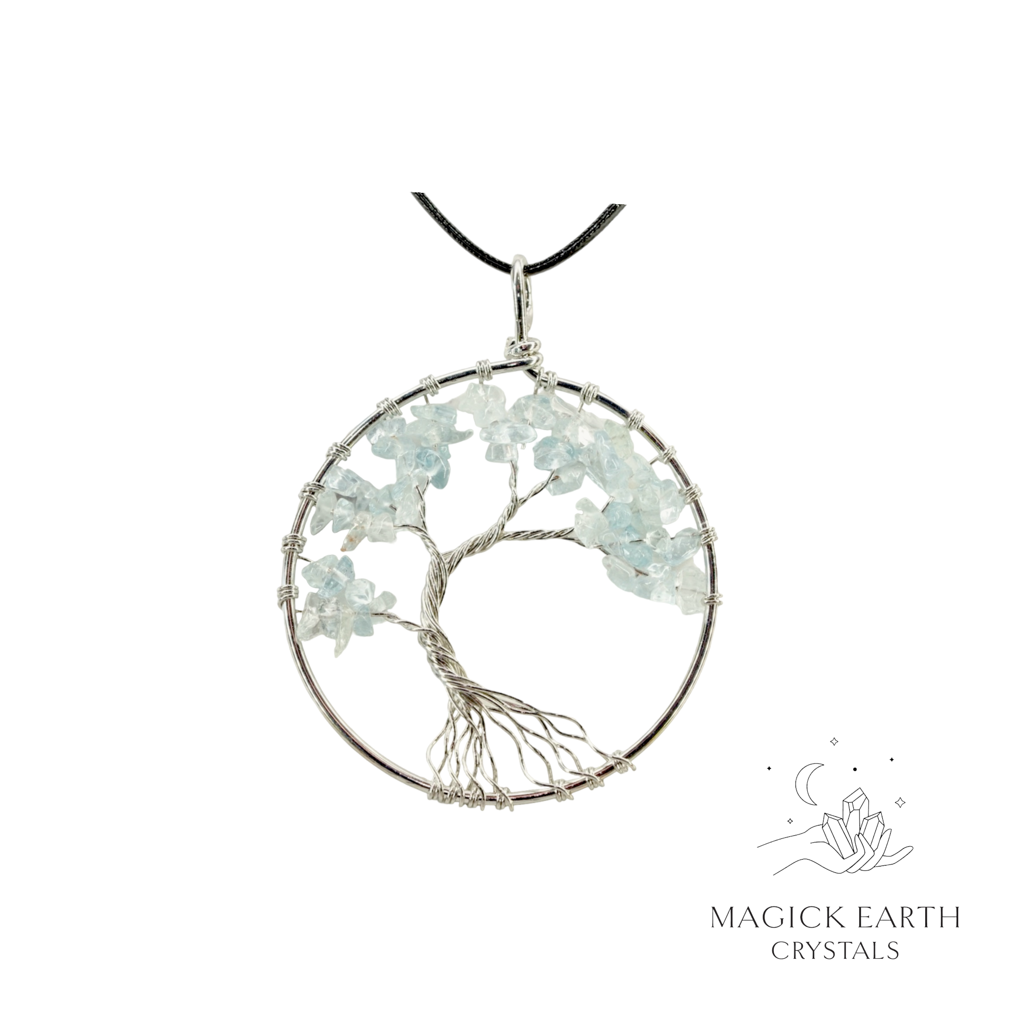 Aquamarine Crystal chip tree of life pendant  with platinum finish For Courage & Communication