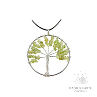 Peridot Crystal chip tree of life pendant with platinum finish For New Beginnings