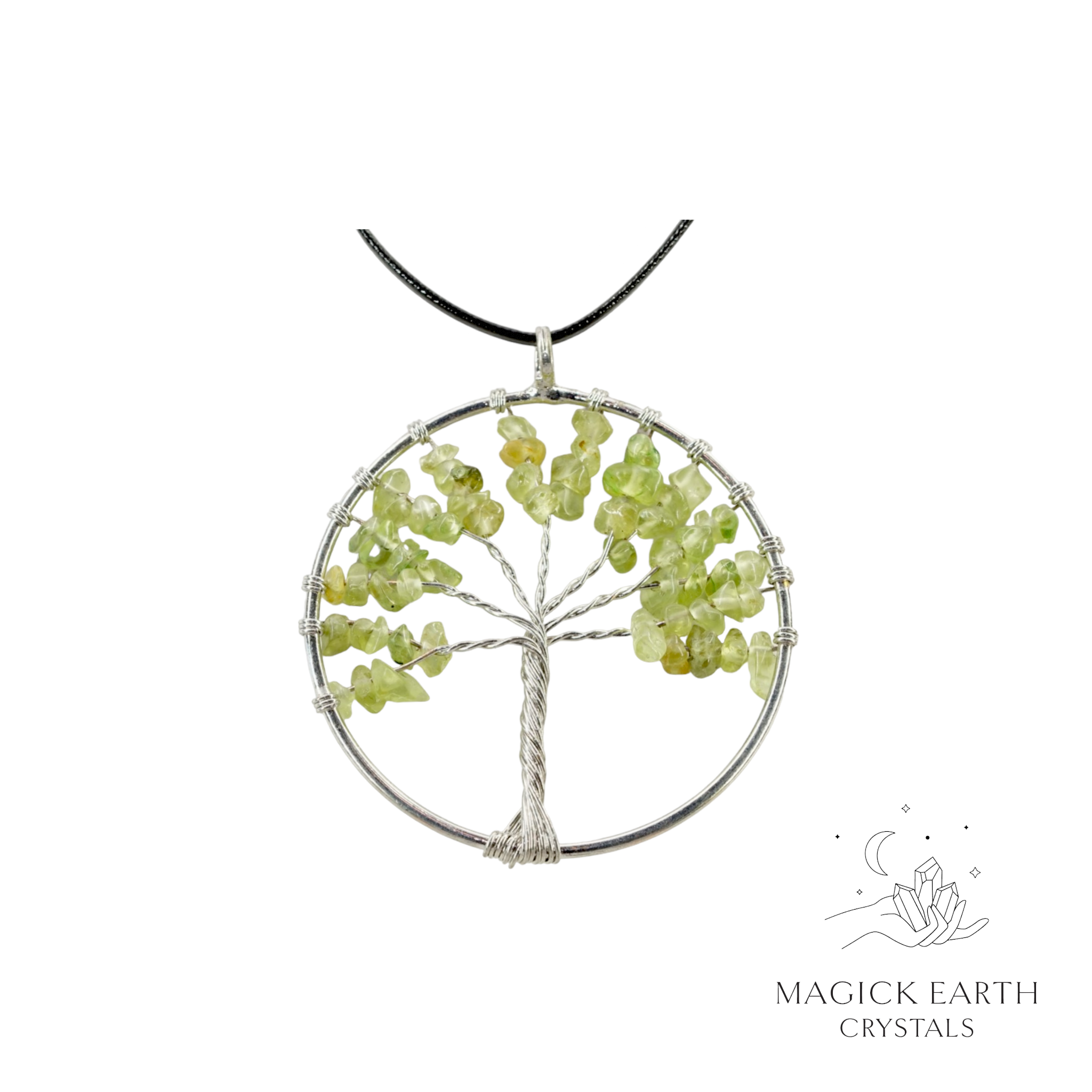 Peridot Crystal chip tree of life pendant with platinum finish For New Beginnings
