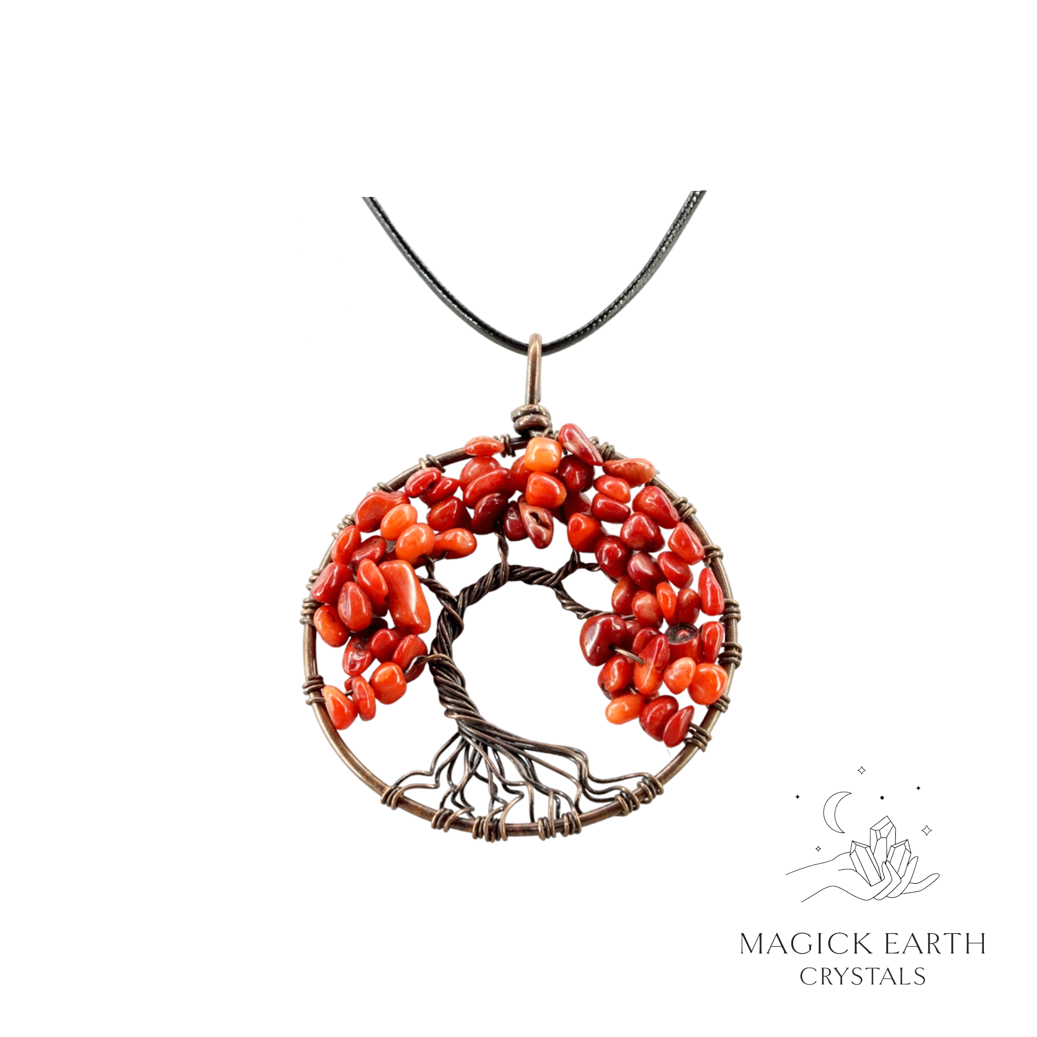 Coral (Dyed) crystal chip tree of life pendant with copper finish