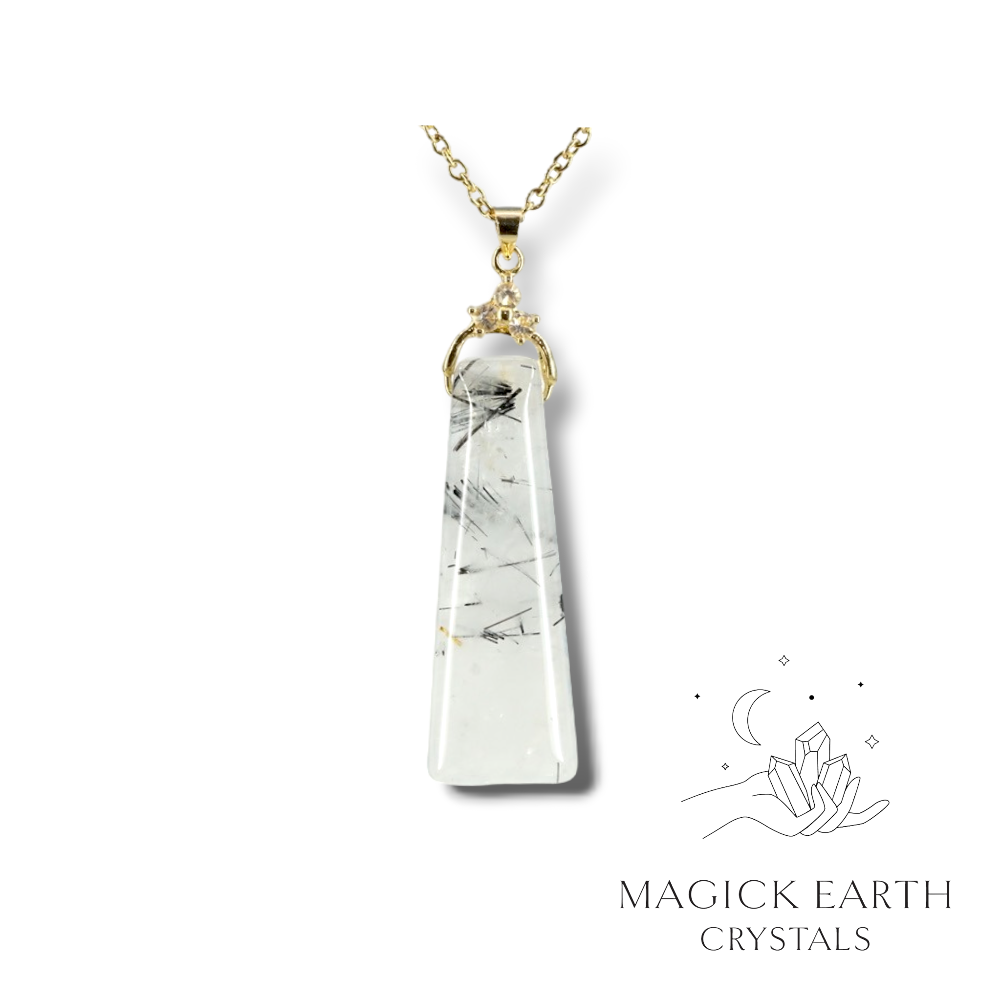 Tourmilated Quartz Crystal Gemstone Trapezoid Shaped Pendant with Cubic Zirconia Bail and Gold Finish