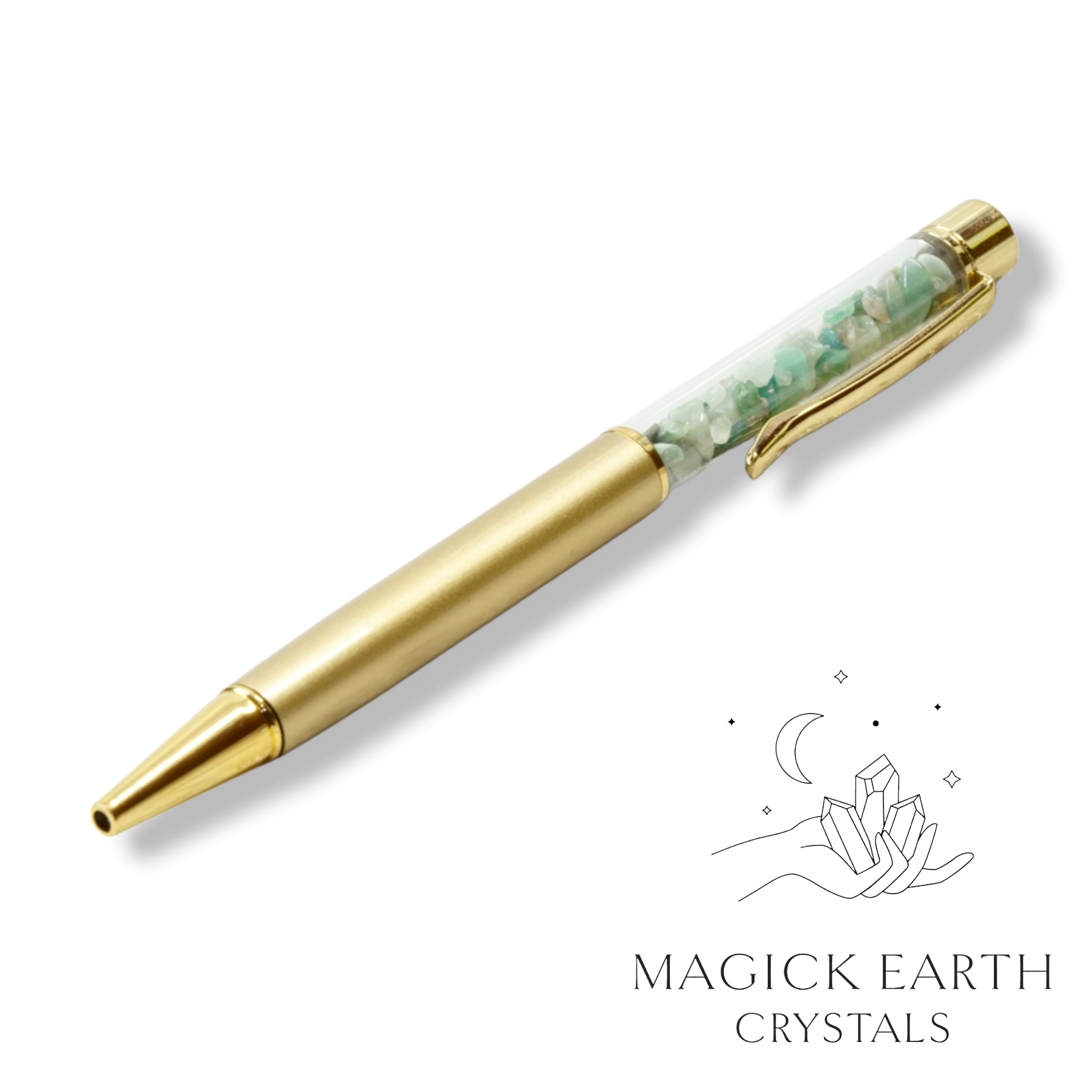Amazonite Crystal Chip Pens with Matte Gold Finish. For Boundaries & Emotional Balance
