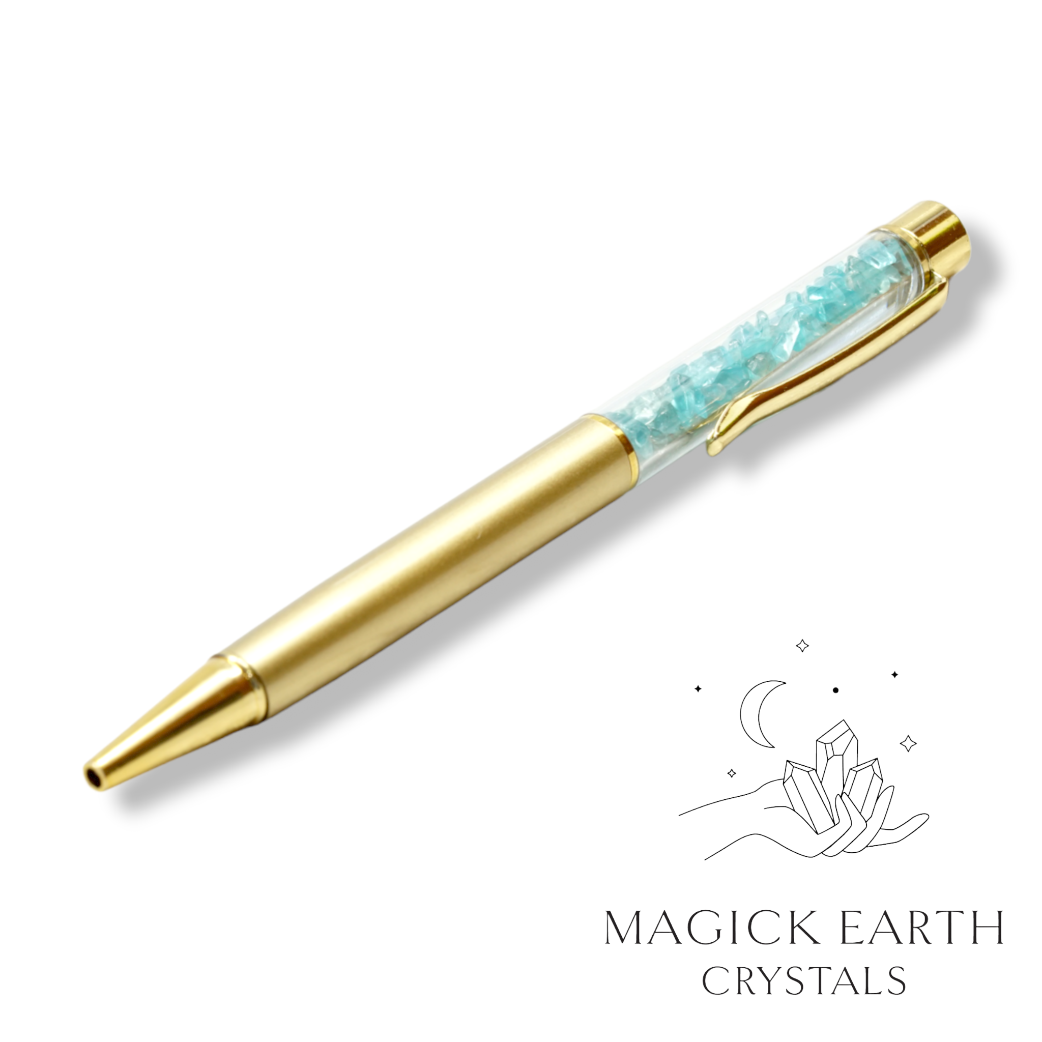 Apatite Crystal Chip Pens with Matte Gold Finish For Motivation & Creativity