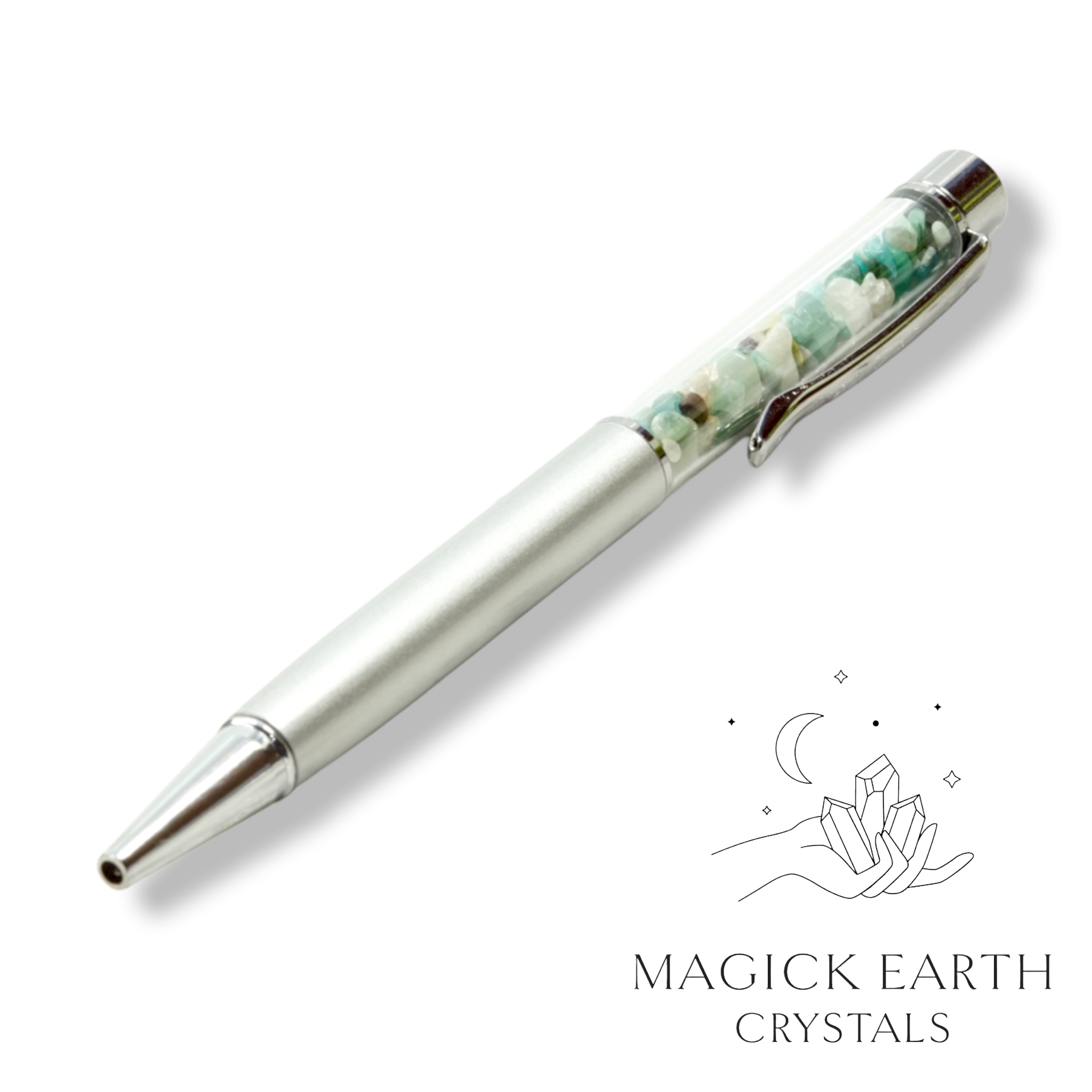 Amazonite Crystal Chip Pens with Matte Platinum Finish For Boundaries & Emotional Balance