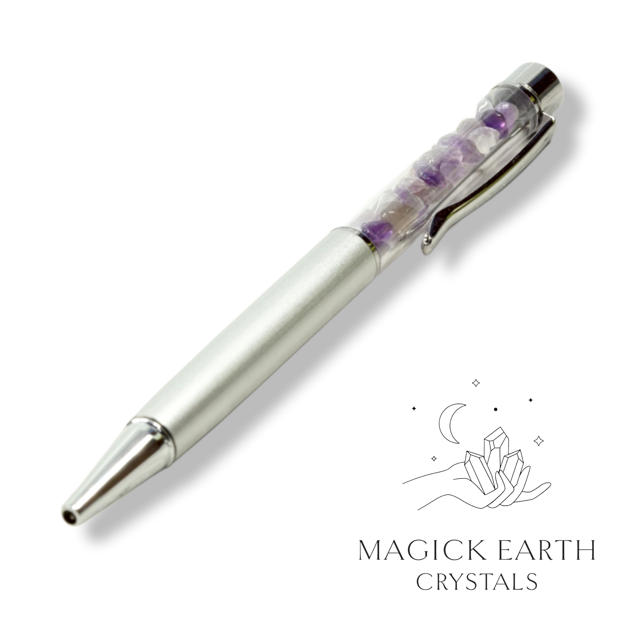 Amethyst Crystal   Chip Pens   Matte Platinum For Stress Relief & Sleep