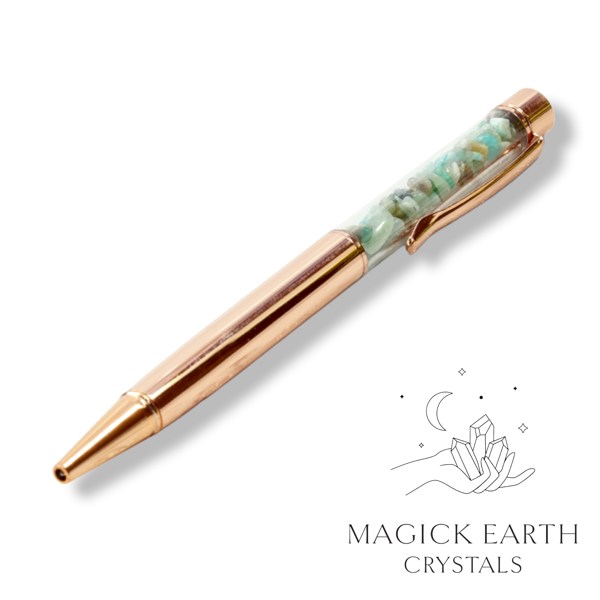 Amazonite Crystal Chip Pens with Bright Rose Gold Finish For Boundaries & Emotional Balance