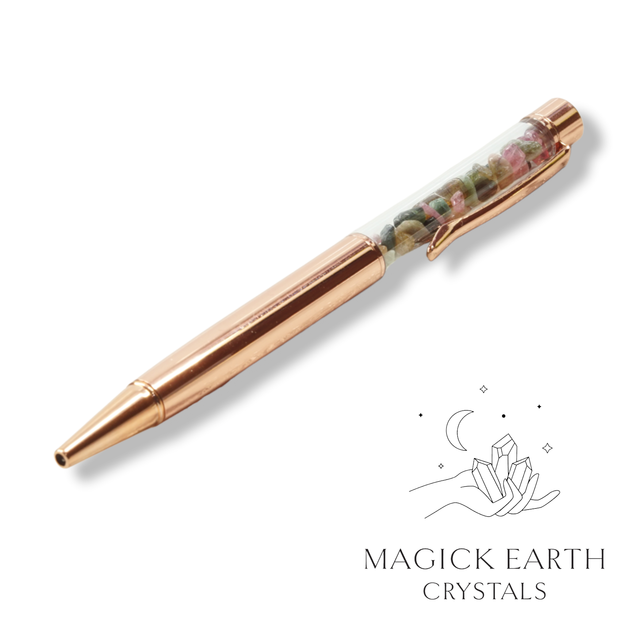 Tourmaline Crystal Gemstone Chip Pens with Bright Rose Gold Finish