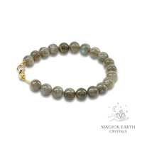 Labradorite Crystal Bracelets with 8mm Round Beads and Gold Clasp  For Magickal Protection
