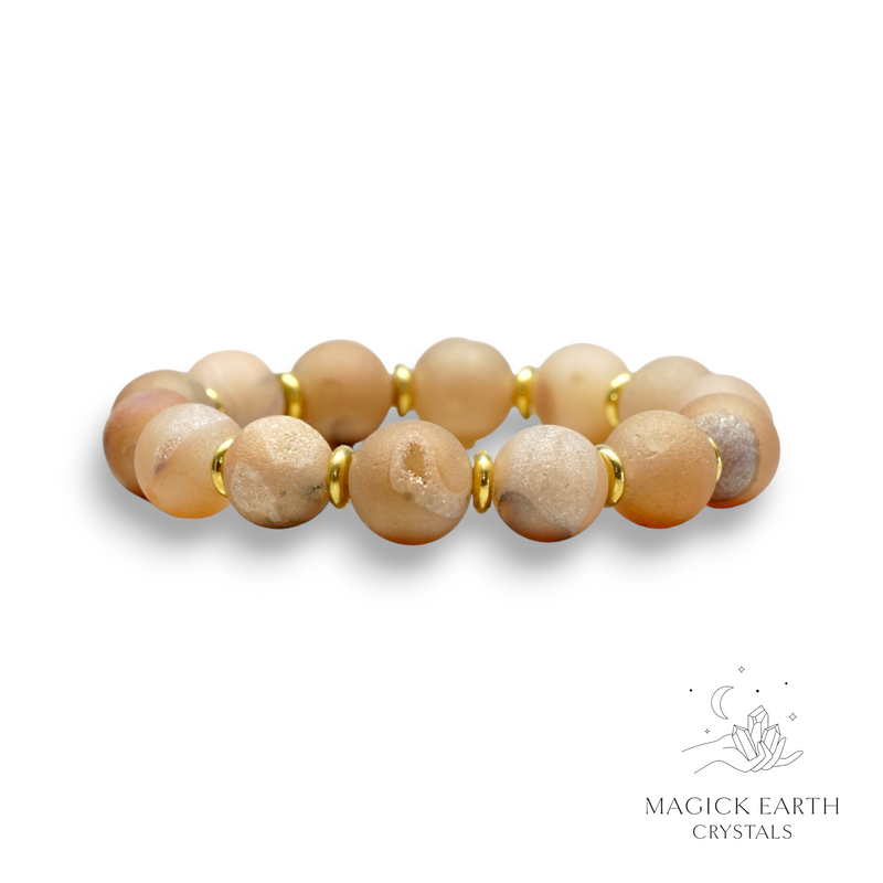 Druzy Agate Geode Crystal Gemstone Bracelet In Beige With Gold Finish and 12mm round beads