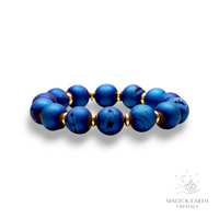 Agate Druzy Geode Crystal Bracelet with 12mm electroplated beads blue colour for steady strength