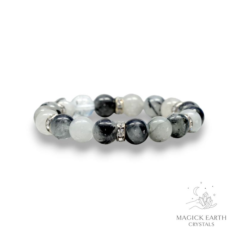 Tourmilated Quartz Crystal Gemstone Bracelet With Platinum Cubic Zirconia Spacers