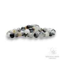 Tourmilated Quartz Crystal Gemstone Bracelet With Cubic Zirconia Spacers