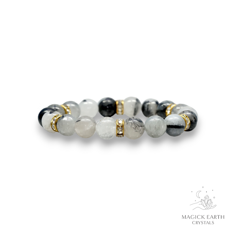 Tourmilated Quartz Crystal Gemstone Bracelet With Gold Cubic Zirconia Spacers