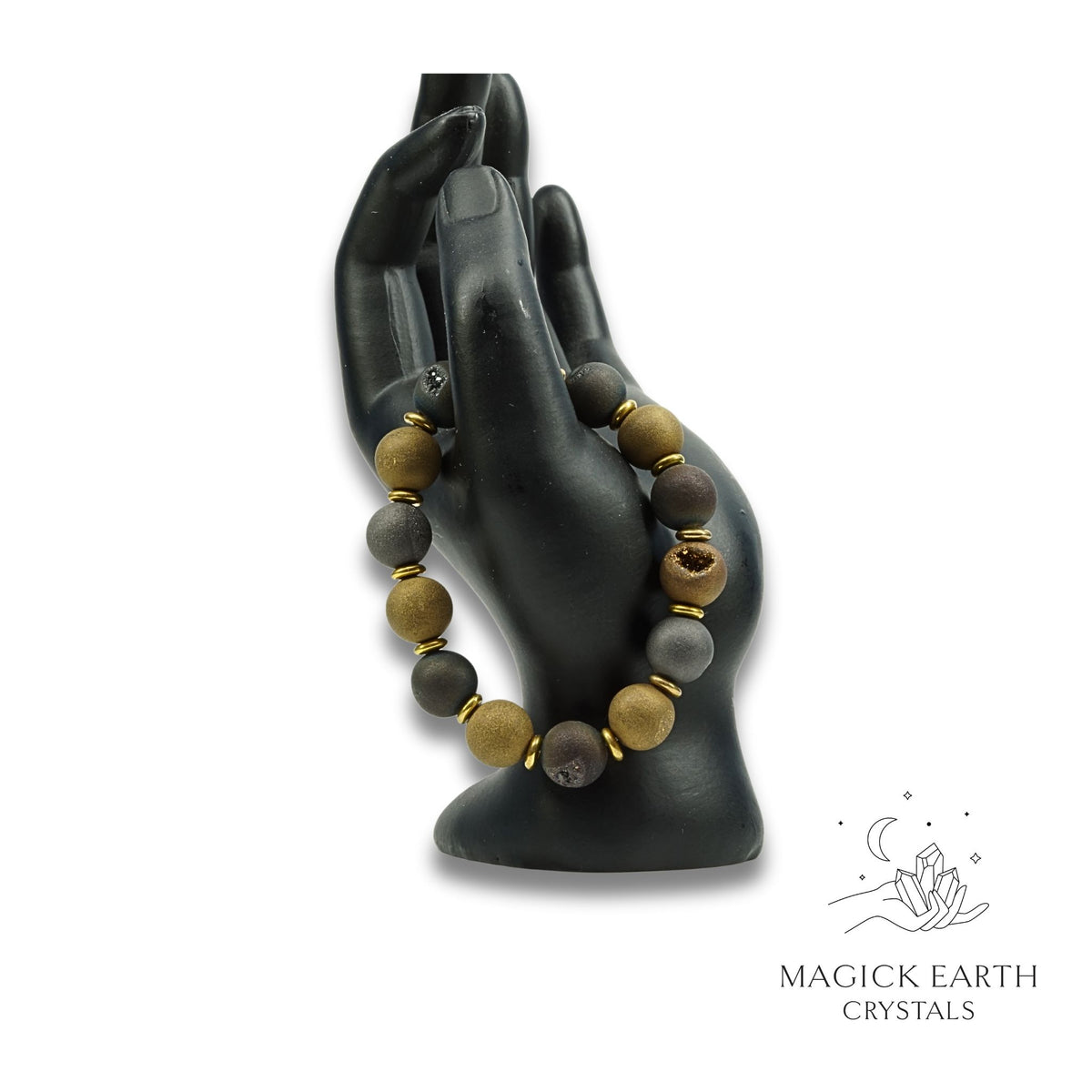 Agate Druzy Geode Crystal Bracelet with 12mm electroplated beads gold & charcoal colours for steady strength