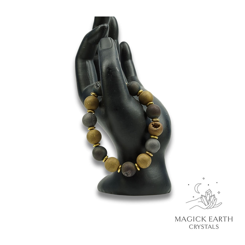 Agate Druzy Geode Crystal Bracelet with 12mm electroplated beads gold & charcoal colours for steady strength