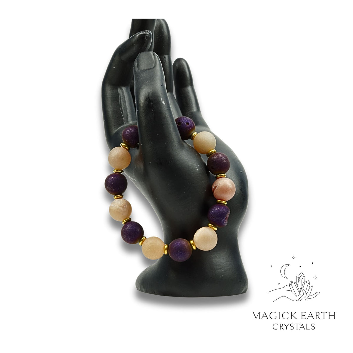 Agate Druzy Geode Crystal Bracelet with 12mm electroplated beads beige & purple colours for steady strength