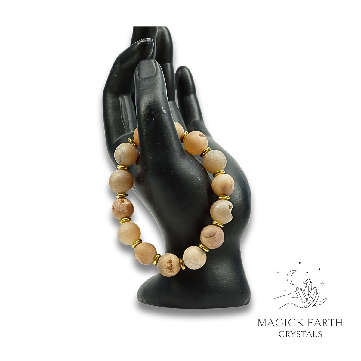 Agate Druzy Geode Crystal Bracelet with 12mm electroplated beads beige colour for steady strength
