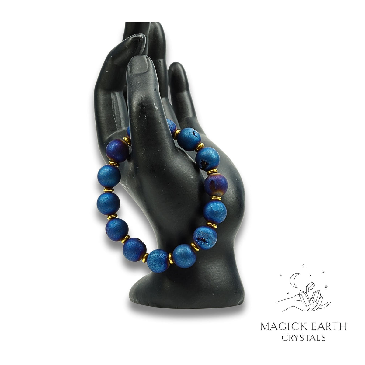 Agate Druzy Geode Crystal Bracelet with 12mm electroplated beads blue colour for steady strength