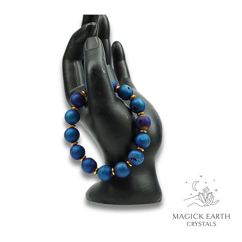 Agate Druzy Geode Crystal Bracelet with 12mm electroplated beads blue colour for steady strength