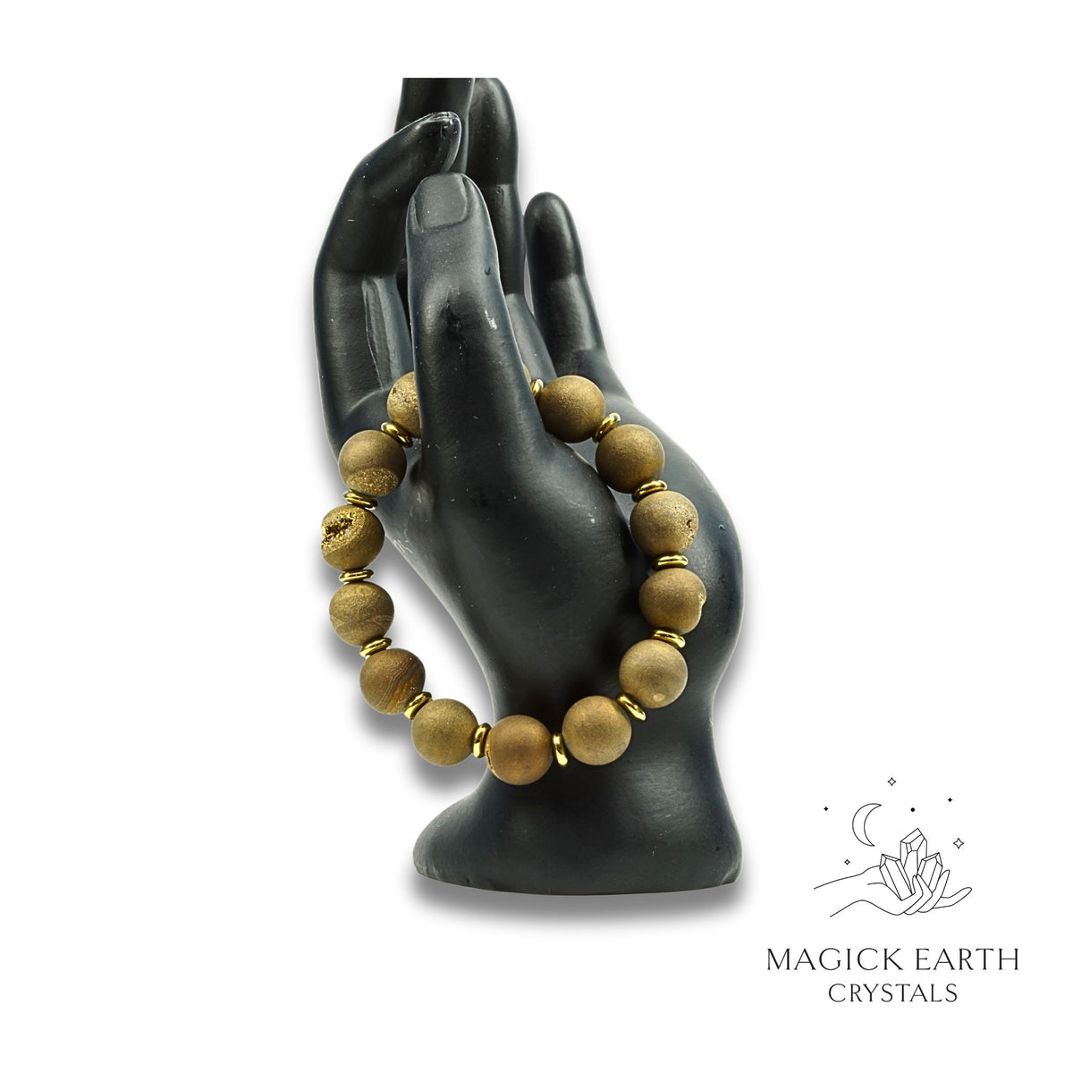 Agate Druzy Geode Crystal Bracelet with 12mm electroplated beads gold colour for steady strength