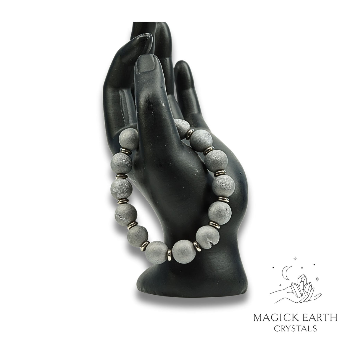 Agate Druzy Geode Crystal Bracelet with 12mm electroplated beads platinum colour for steady strength