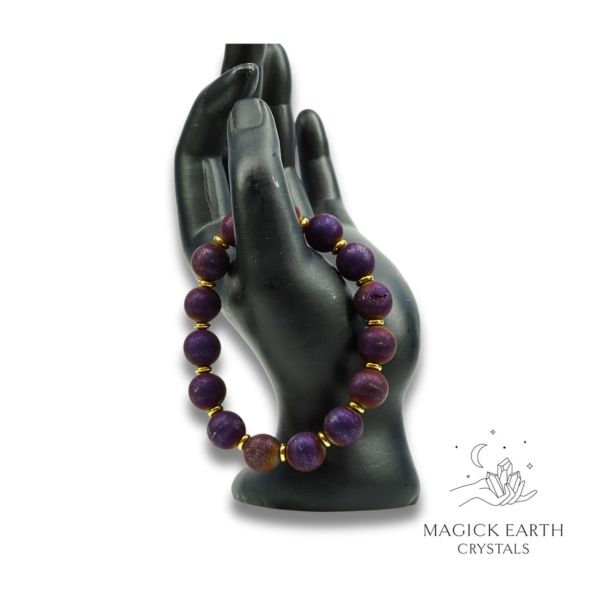 Agate Druzy Geode Crystal Bracelet with 12mm electroplated beads purple colour for steady strength