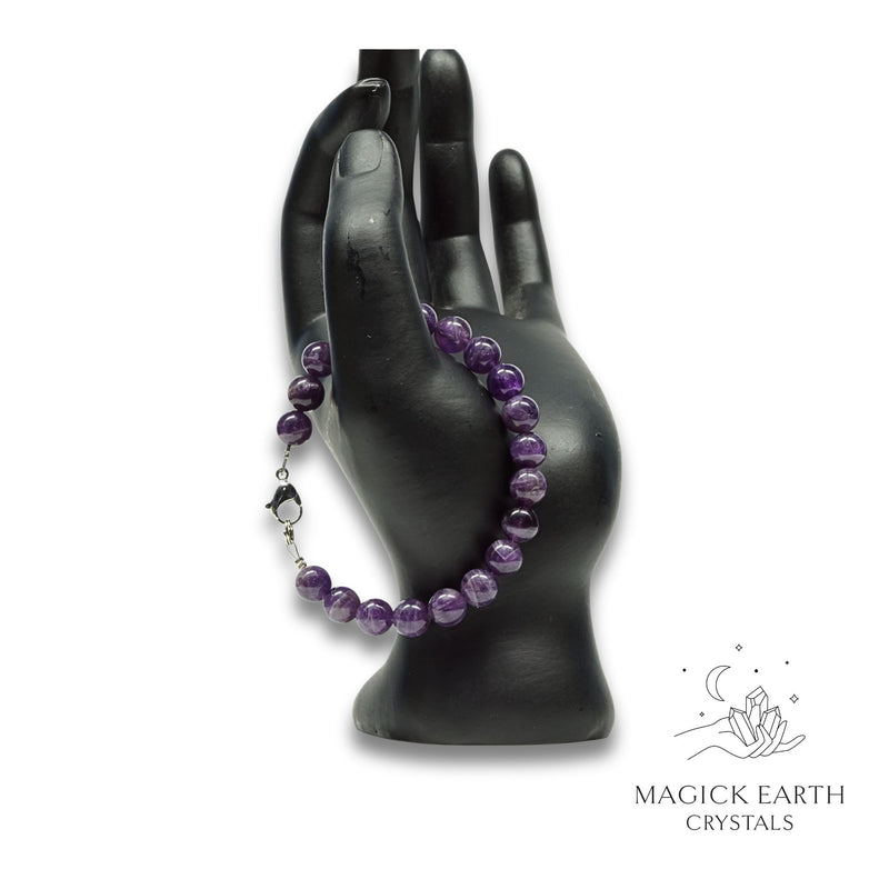Amethyst Crystal Bracelet with 8mm round beads platinum clasp for sacred stillness